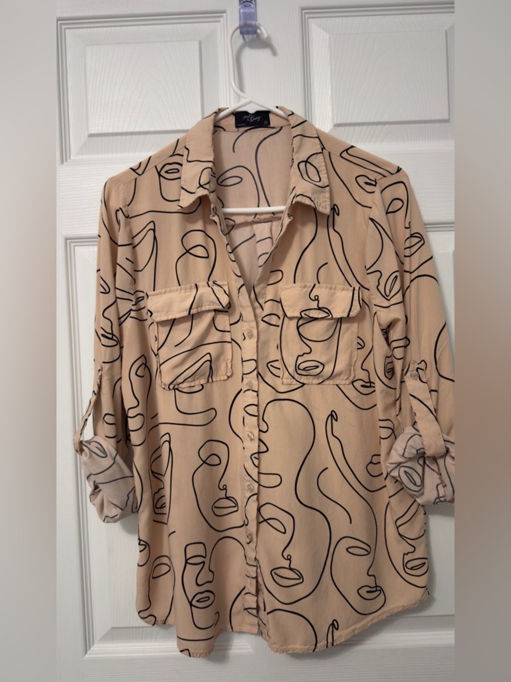 Beige Abstract Line-Print Button-Down Shirt